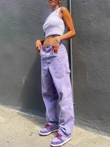 GILIPUR Solid Flap Pocket Side Cargo Pants - Lilac Purple - View 5
