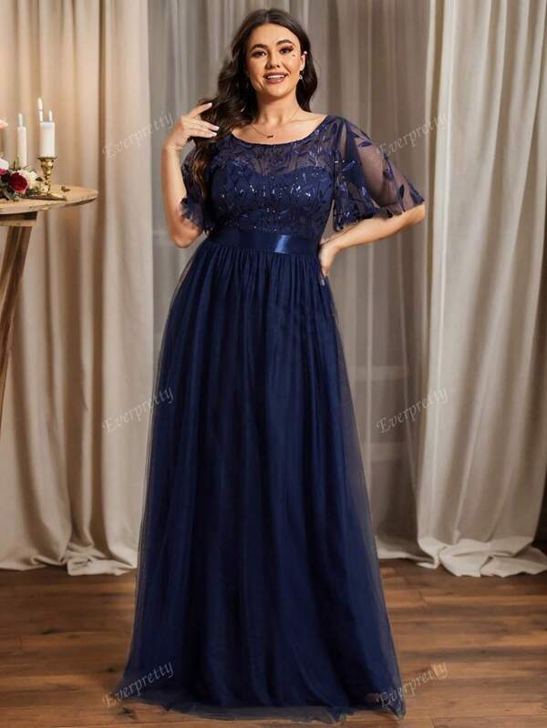 EVER-PRETTY Plus Leaf Sequin Bodice Mesh Prom Dress Elegant Bridesmaid Dress