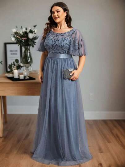 EVERPRETTY Plus Elegant Contrast Sequin Bodice Mesh Dusty Blue Bridesmaid Dresses Evening Dresses Winter Spring Formal Dress For Wedding Party Valentines Day Wear