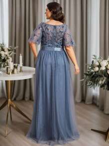 EVERPRETTY 优雅撞色亮片紧身胸衣网纱浅蓝色伴娘礼服晚礼服春夏婚礼宾客派对情人节礼服