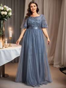 EVERPRETTY 优雅撞色亮片紧身胸衣网纱浅蓝色伴娘礼服晚礼服春夏婚礼宾客派对情人节礼服