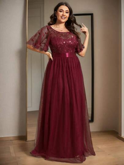 EVERPRETTY فستان رسمي أنيق مع جسم مرصع بالترتر والشبك، فستان وصيفة العروس باللون البرغندي لحفلات الزفاف في فصلي الخريف والشتاء