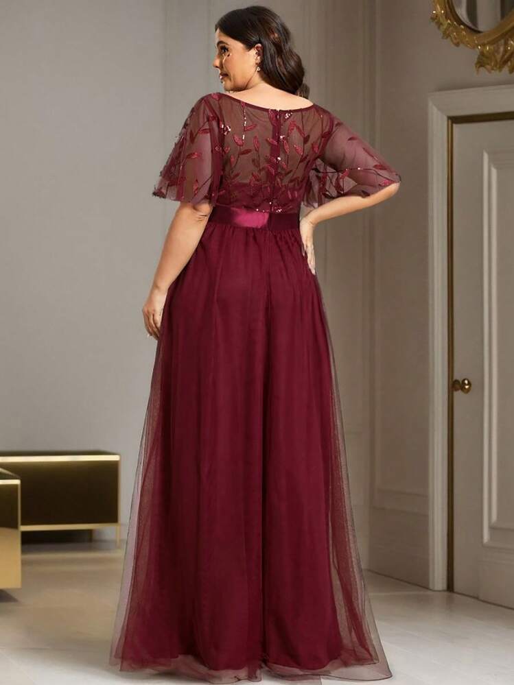 EVERPRETTY Vestido de Dama de Honra Borgonha Elegante com Corpete Justo Sequinado e Tule, Adequado para Festa, Casamento de Primavera/Verão, Ano Novo e Outras Ocasiões Formais, Vestido da Mãe da Noiva - Vinho - Visão 2