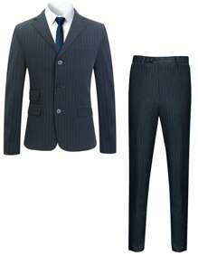 Men Single Breasted Striped Blazer & Trousers - Dark Grey - View 1