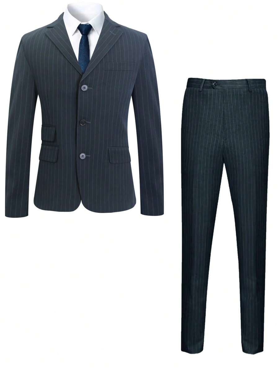 Men Single Breasted Striped Blazer & Trousers - Dark Grey - View 1