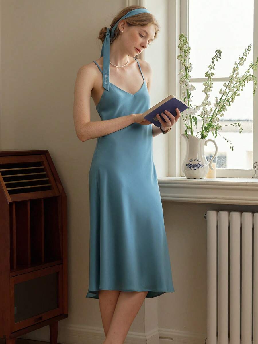 Simple Retro Chất rắn Váy Dây - Màu xanh lam - Xem 1