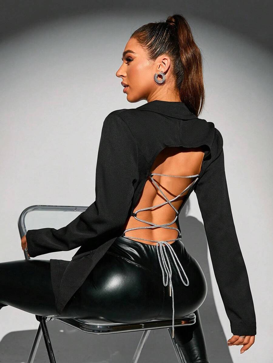 Allurite Lace Up Backless Button Front Coat - Black - View 1