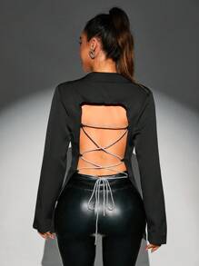 Allurite Lace Up Backless Button Front Coat - Black - View 3