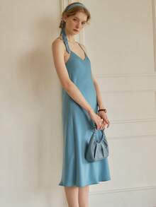 Simple Retro Chất rắn Váy Dây - Màu xanh lam - Xem 4