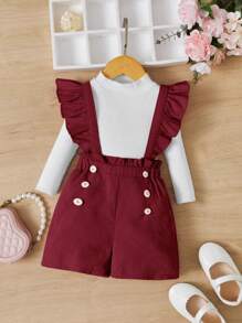 SHEIN Baby Girl Ruffle Trim Button Detail Overall Romper Without Tee - Burgundy - View 1