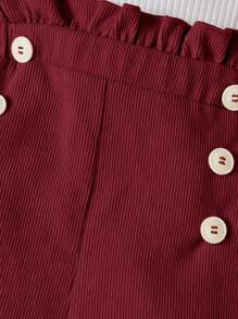 SHEIN Baby Girl Ruffle Trim Button Detail Overall Romper Without Tee - Burgundy - View 4