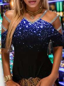 Contrast Sequin Cold Shoulder Tee - Blue - View 1