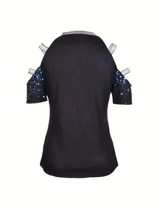Contrast Sequin Cold Shoulder Tee - Blue - View 2
