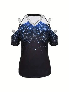 Contrast Sequin Cold Shoulder Tee - Blue - View 3