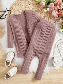 SHEIN Đứa bé gái Mở Mặt trước áo & Đồ đan Ribbed Áo liền quần - Bụi tím - Xem 1