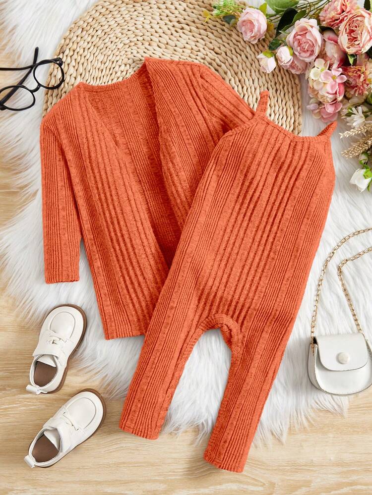 2pcs Baby Girl Knitted Solid Color Jumpsuit & Cardigan Set For Spring/Fall, Warm