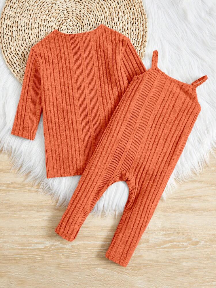 2pcs Baby Girl Knitted Solid Color Jumpsuit & Cardigan Set For Spring/Fall, Warm