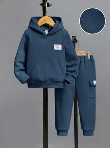 SHEIN 男小童字母貼布袋鼠口袋保暖連帽衫和運動褲 - 霧霾藍 - 查看 1