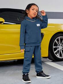 SHEIN 男小童字母貼布袋鼠口袋保暖連帽衫和運動褲 - 霧霾藍 - 查看 4