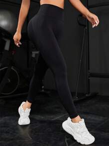Easithlete 女款宽腰运动紧身裤瑜伽裤 - 黑色 - 查看 4