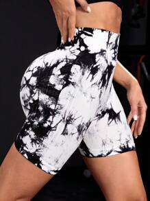 SHEIN Yoga Trendy Nhuộm buộc Thắt lưng băng rộng Quần short thể thao - Đen và trắng - Xem 2