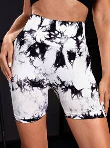SHEIN Yoga Trendy Nhuộm buộc Thắt lưng băng rộng Quần short thể thao - Đen và trắng - Xem 4