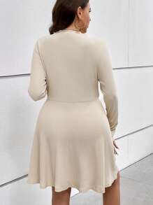 SHEIN Essnce Plus Solid Lettuce Trim A-line Dress - Apricot - View 2