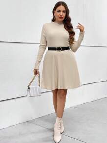 SHEIN Essnce Plus Solid Lettuce Trim A-line Dress - Apricot - View 3