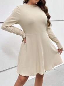 SHEIN Essnce Plus Solid Lettuce Trim A-line Dress - Apricot - View 1