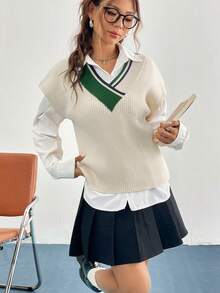 SHEIN Qutie 休閒撞色女士毛衣馬甲 - 米色 - 查看 4