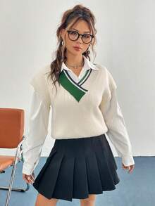 SHEIN Qutie 休閒撞色女士毛衣馬甲 - 米色 - 查看 6