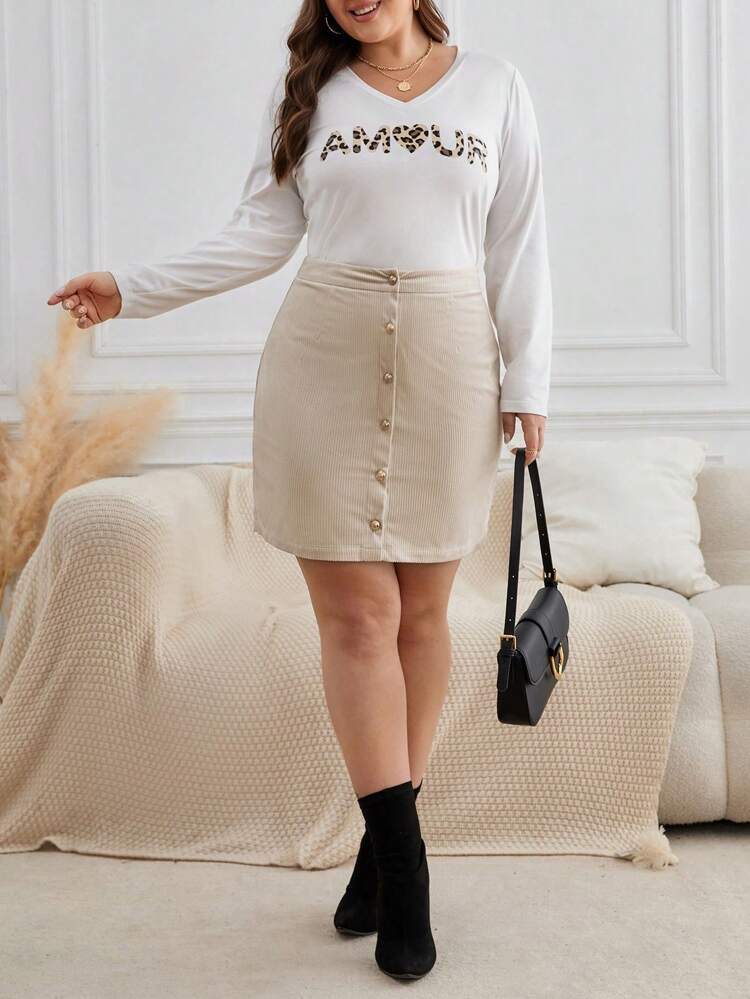 Plus Leopard Print Tee & Button Front Bodycon Skirt