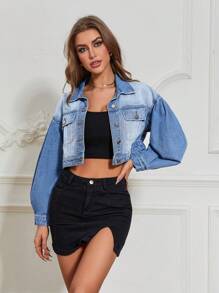 SHEIN Essnce Flap Pocket Drop Shoulder Crop Denim Jacket - Light Wash - View 1