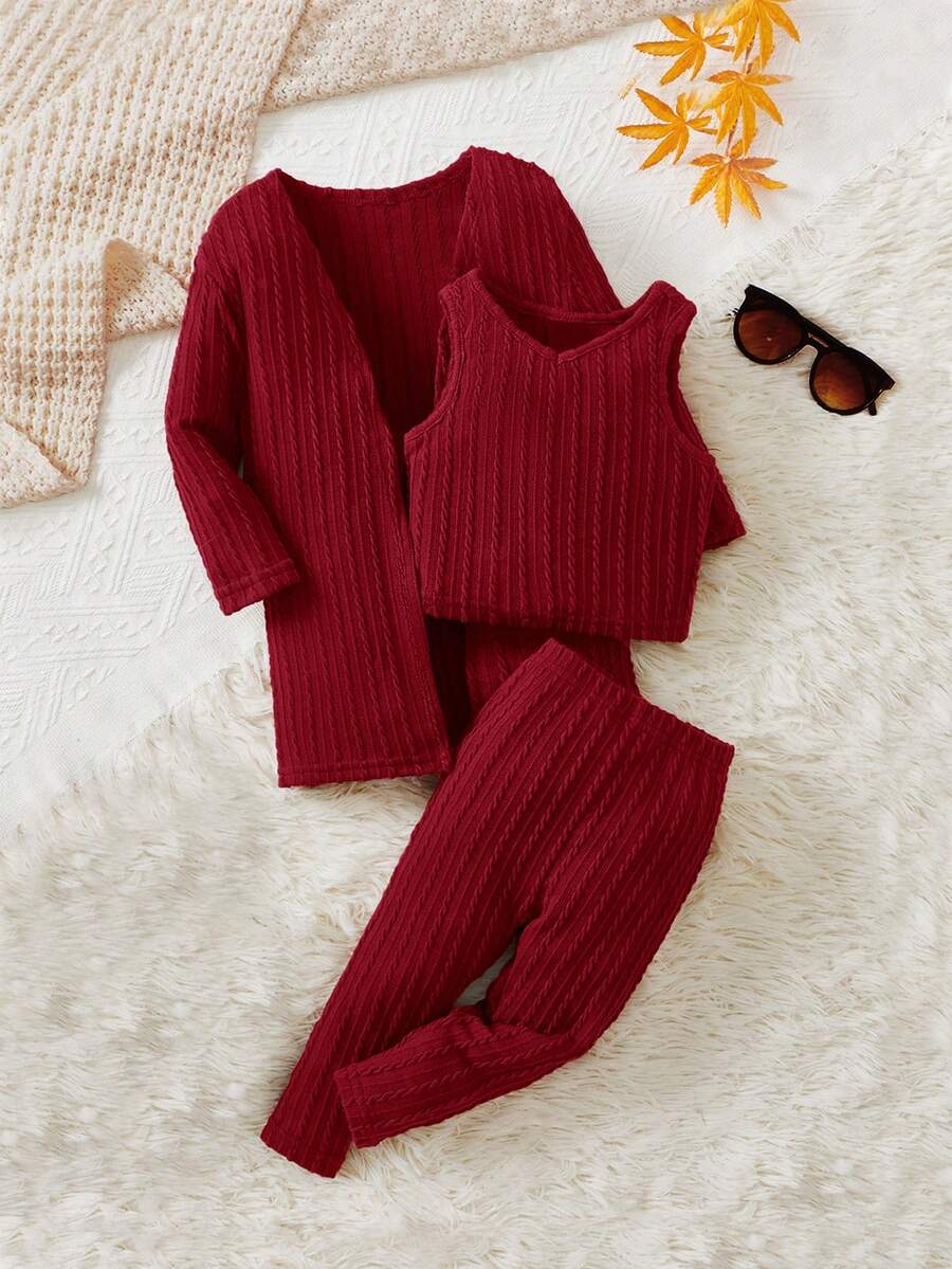 SHEIN 女嬰素色背心上衣&緊身打底褲&外套 - 酒紅色 - 查看 1