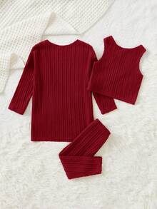 SHEIN 女嬰素色背心上衣&緊身打底褲&外套 - 酒紅色 - 查看 2