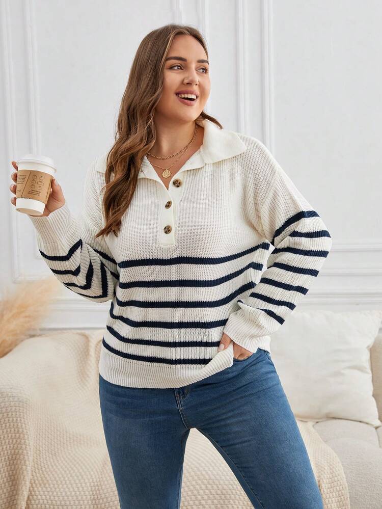 Plus Striped Pattern Polo Neck Drop Shoulder Sweater