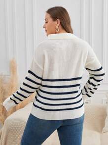 SHEIN Frenchy 大碼條紋圖案Polo領落肩袖套頭毛衣 - 黑與白 - 查看 5