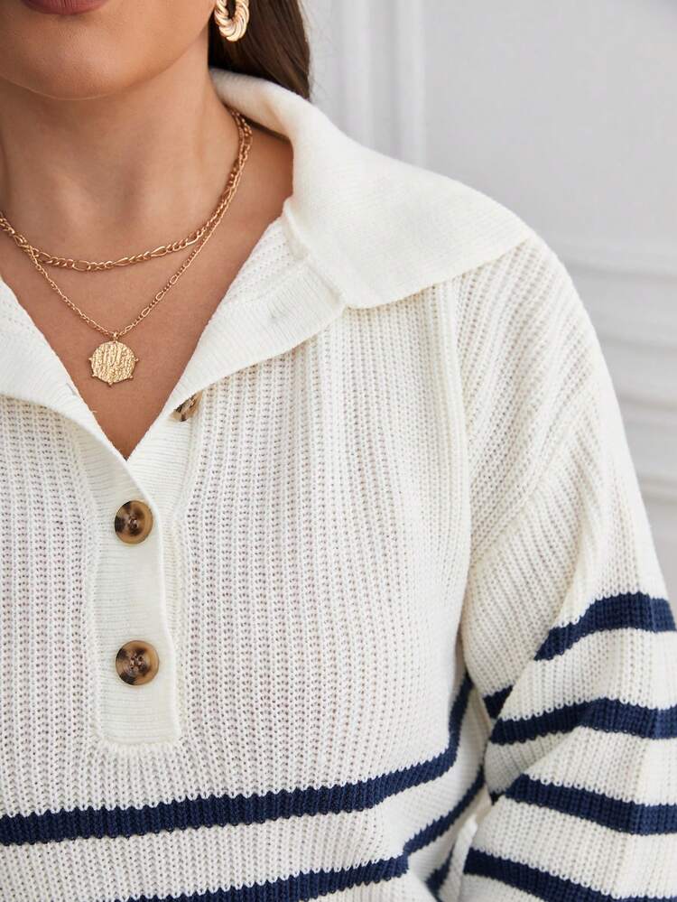 Plus Striped Pattern Polo Neck Drop Shoulder Sweater