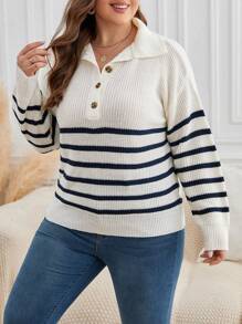 SHEIN Frenchy 大碼條紋圖案Polo領落肩袖套頭毛衣 - 黑與白 - 查看 3