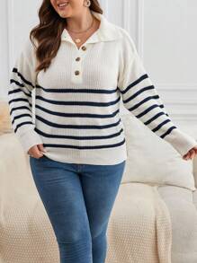 SHEIN Frenchy 大碼條紋圖案Polo領落肩袖套頭毛衣 - 黑與白 - 查看 1