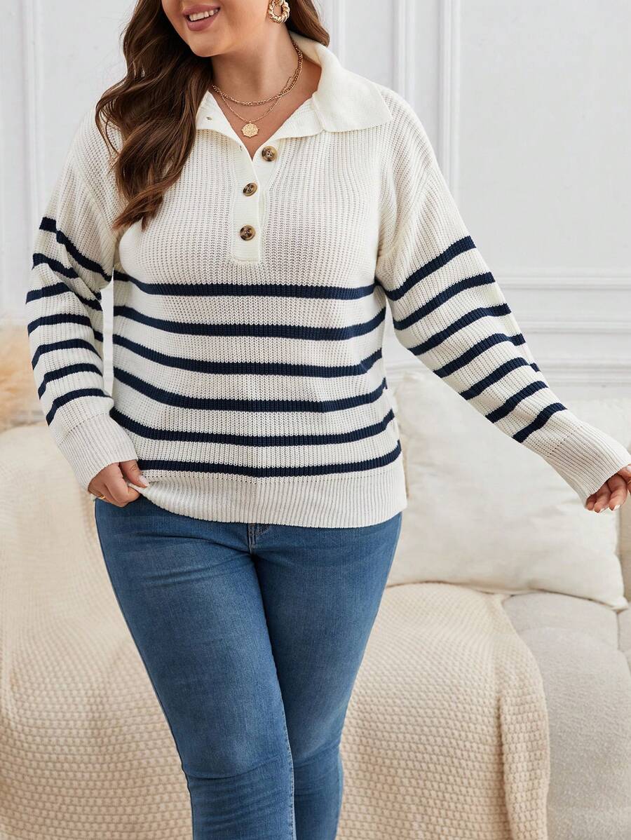 SHEIN Frenchy 大碼條紋圖案Polo領落肩袖套頭毛衣 - 黑與白 - 查看 1