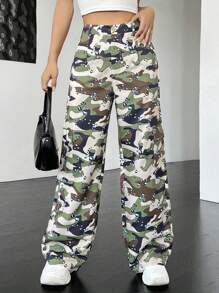 SHEIN Coolane Camo Print Flap Pocket Cargo Pants - Multicolor - View 1