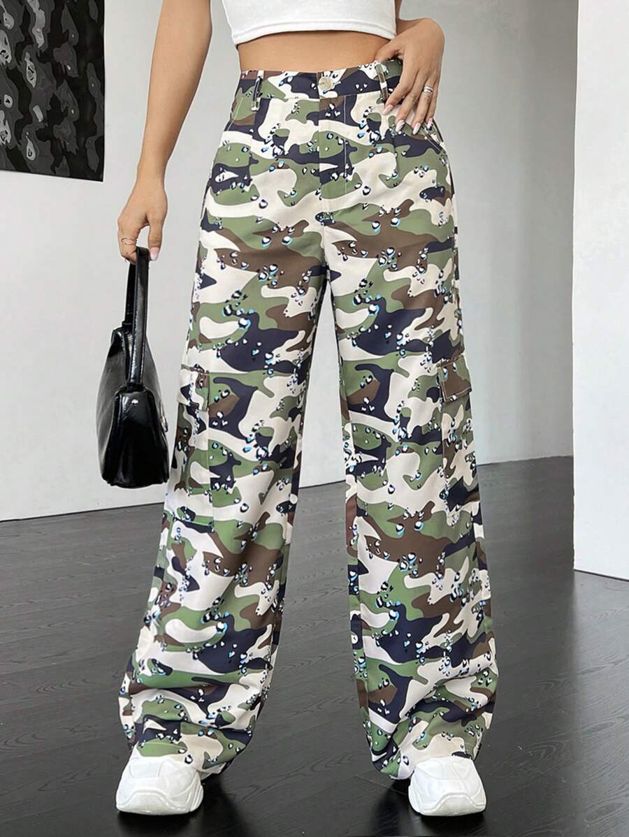 SHEIN Coolane Camo Print Flap Pocket Cargo Pants - Multicolor - View 1