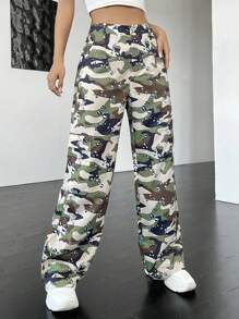 SHEIN Coolane Camo Print Flap Pocket Cargo Pants - Multicolor - View 3