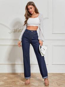 SHEIN Frenchy Chất rắn Quần legging thẳng - Rửa tối - Xem 3