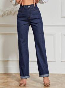 SHEIN Frenchy Chất rắn Quần legging thẳng - Rửa tối - Xem 5