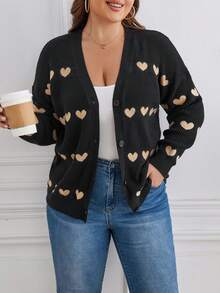 SHEIN Frenchy 大碼愛心圖案落肩袖開襟衫 - 黑色 - 查看 4