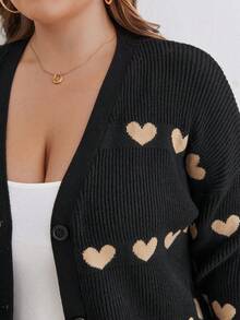 SHEIN Frenchy 大碼愛心圖案落肩袖開襟衫 - 黑色 - 查看 2