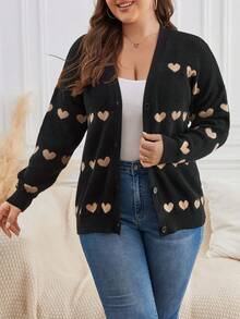 SHEIN Frenchy 大碼愛心圖案落肩袖開襟衫 - 黑色 - 查看 3