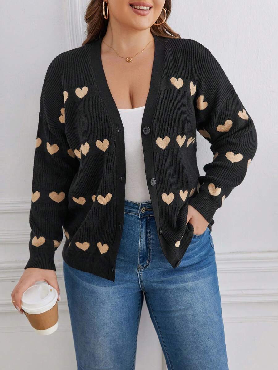 SHEIN Frenchy 大碼愛心圖案落肩袖開襟衫 - 黑色 - 查看 1